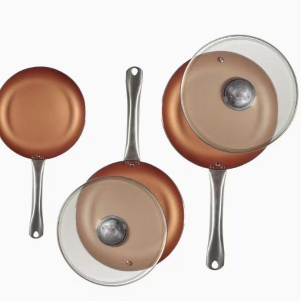 Set de Sartenes Antiadherentes Efecto Cobre con Tapas de Vidrio - Cocina Practica y Facil Limpieza