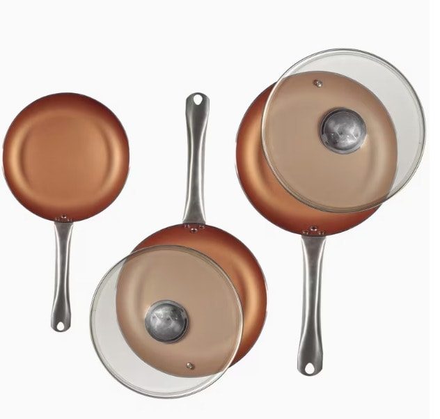 Set de Sartenes Antiadherentes Efecto Cobre con Tapas de Vidrio - Cocina Practica y Facil Limpieza