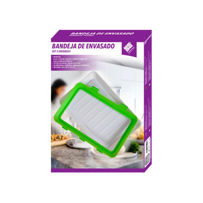 Pack de 3 bandejas empilháveis com tampa flexível hermética