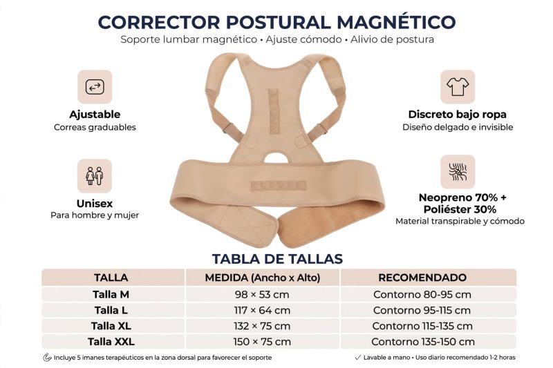 Corrector Postural de Espalda Magnético con 12 Imanes – Soporte Ajustable Unisex