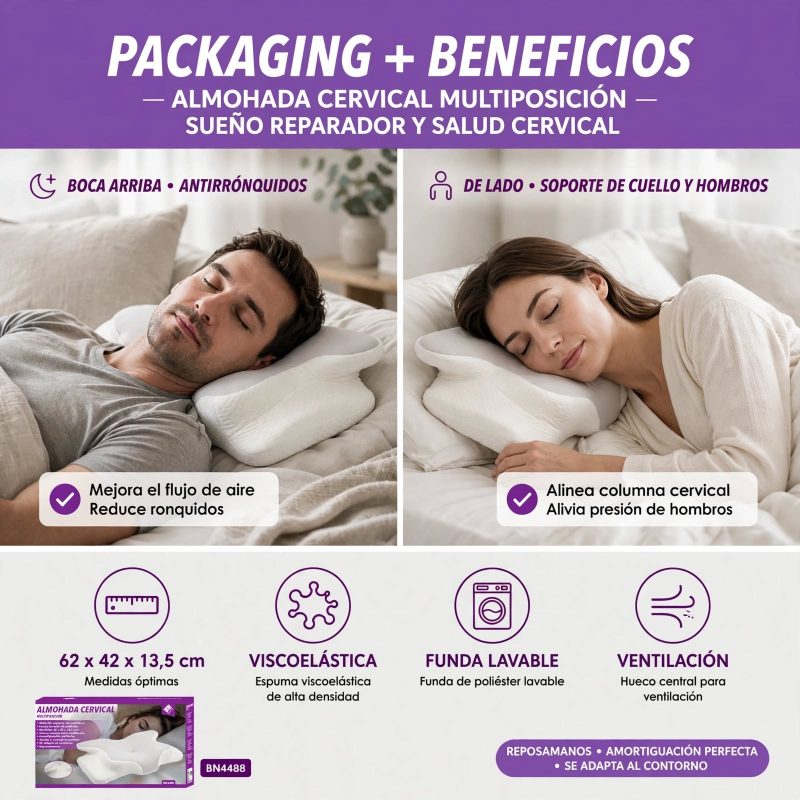 Almohada Cervical Viscoelástica Ergonómica 62x42x13,5 cm, Mariposa, Soporte Cuello y Hombros, Funda Lavable, Antironquidos