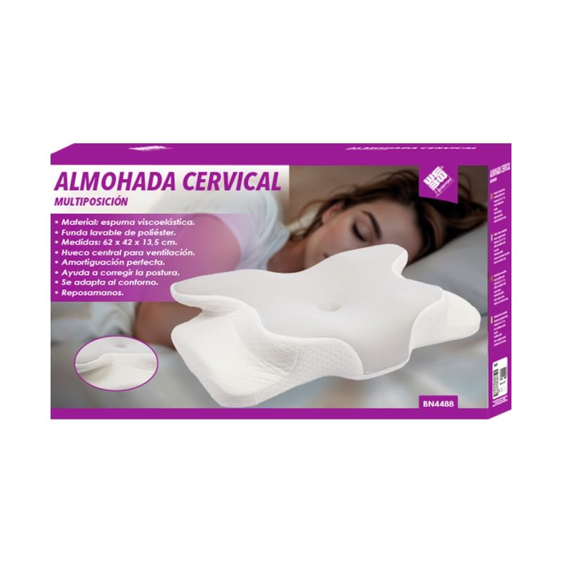 Almohada Cervical Viscoelástica Ergonómica 62x42x13,5 cm, Mariposa, Soporte Cuello y Hombros, Funda Lavable, Antironquidos