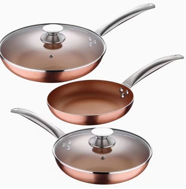 Set de Sartenes Antiadherentes Efecto Cobre con Tapas de Vidrio – Cocina Practica y Facil Limpieza