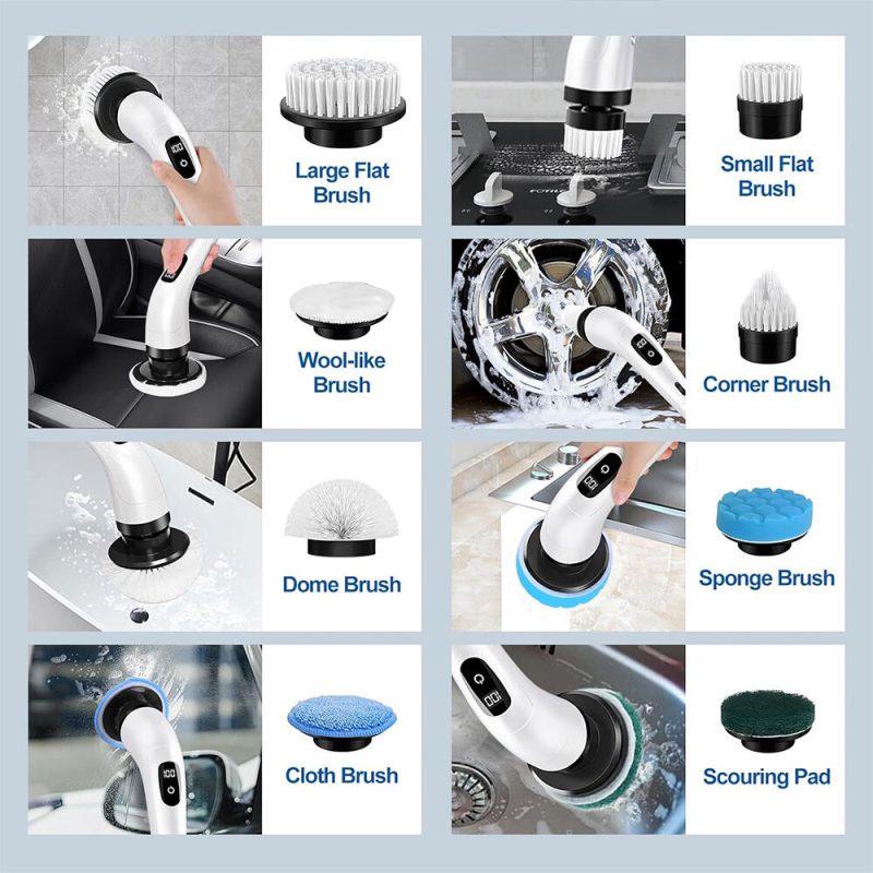 Cepillo Eléctrico Giratorio Recargable con 9 Accesorios para una Limpieza Profunda