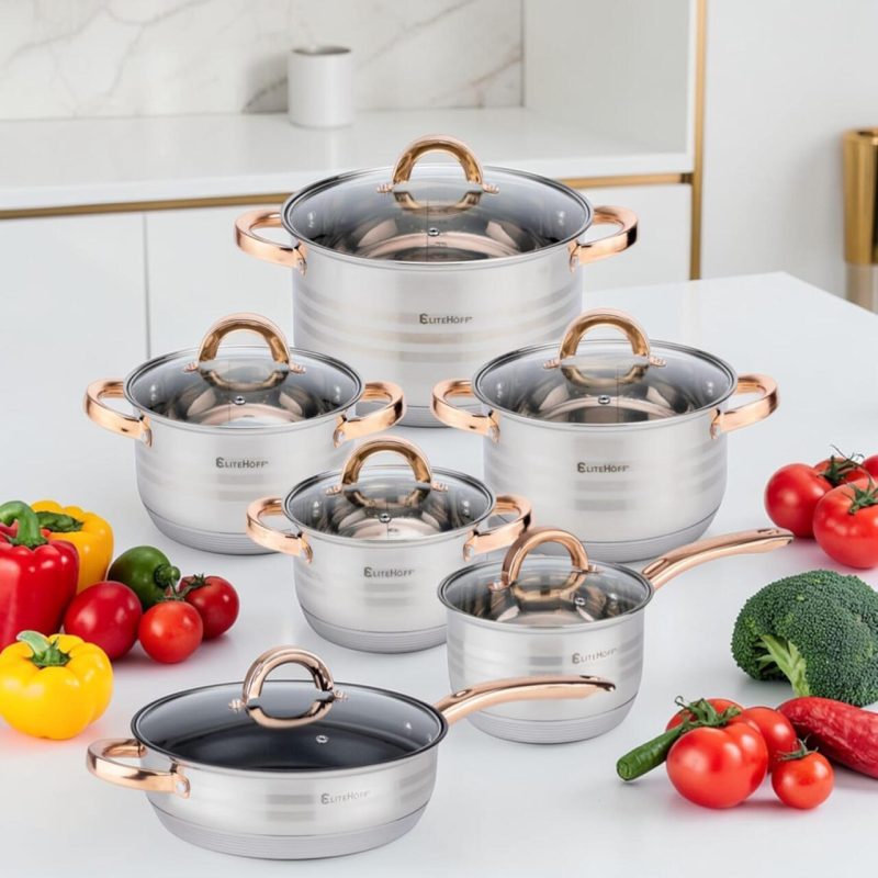 Batería de Cocina 12 Piezas, Juego de ollas en Acero Inoxidable con Tapas Apta para Todo Tipo de Cocinas Incluyendo Inducción