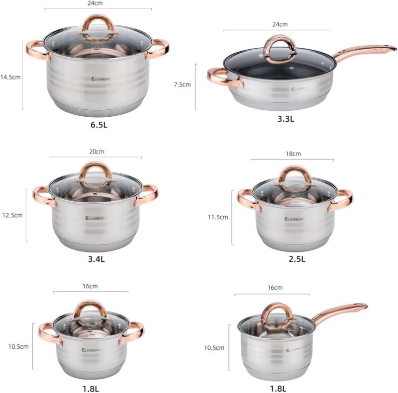 Batería de Cocina 12 Piezas, Juego de ollas en Acero Inoxidable con Tapas Apta para Todo Tipo de Cocinas Incluyendo Inducción